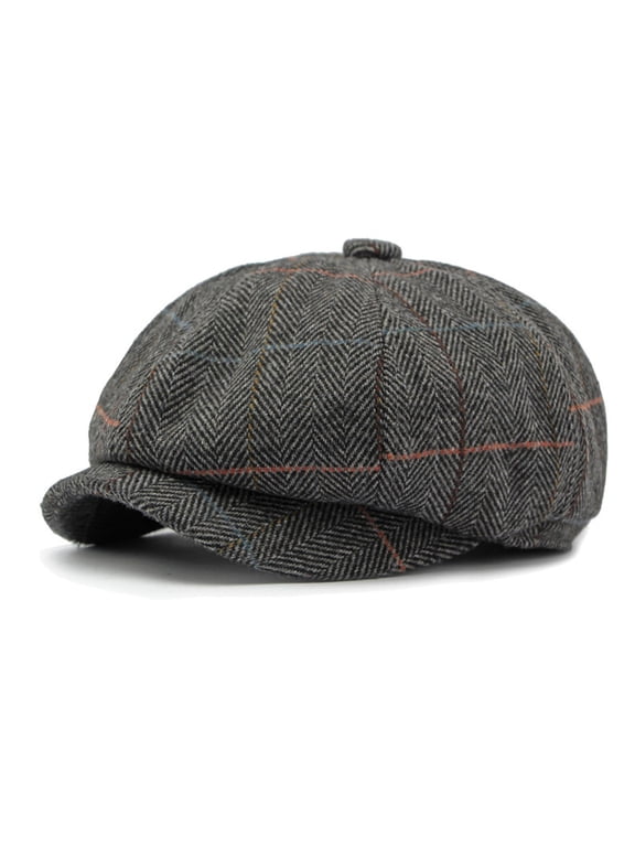 Men’s Octagonal Newsboy Beret Cap Wool Blend Herringbone Tweed Checkered Flat Hat Retro Painter Style Winter Vintage Headwear
