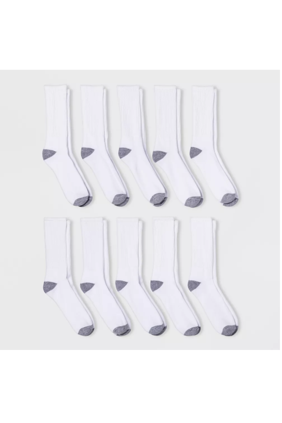 Men's Odor Resistant Crew Socks 10pk - Goodfellow & Co White 6-12: Cotton Blend, Reinforced Heel & Toe, Machine Washable