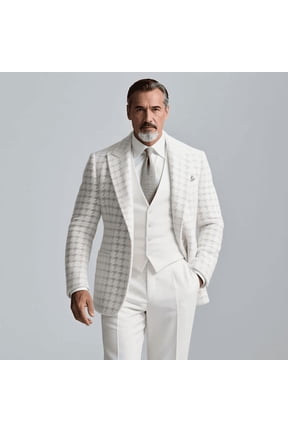 Men's Off-White Houndstooth Tweed Blazer, Notch Lapel Wool-Blend Slim Fit Suit Jacket for Autumn Winter Business Smart Casual Wear