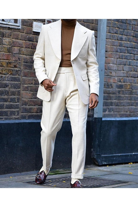 Men's Off White Notch Lapel Two Button Two Piece Formal Suit Set Patch Pocket Blazer & High Waist Cuffed Hem Trousers