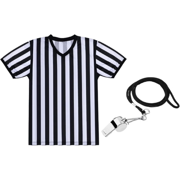 Men's Official Uniform and White Stripe Pro-Style Neck Referee Shirt, Officiating Umpire Jersey Stainless Steel Whistle with Lanyard for Halloween Basketball Football Soccer