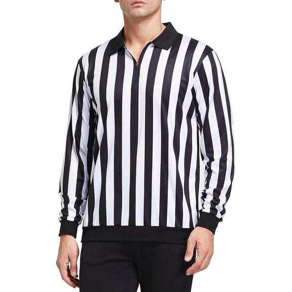Men's Official & White Stripe Referee Shirt Zipper Collared Umpire Jersey Costume Pro Ref Uniform