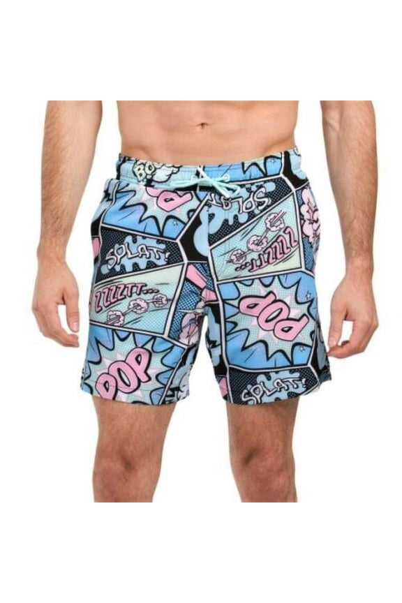 Men's Oh Snap! Exploded Comic Print Swim Shorts Built-In Brief Hand Pockets Trunks