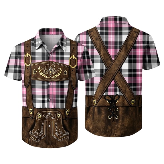Men's Oktoberfest Lederhosen Plaid Print Shirt, Casual Short Sleeve Button Down Shirt Tops