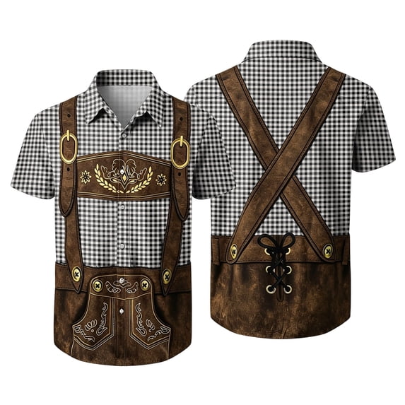 Men's Oktoberfest Lederhosen Themed Plaid Short Sleeve Button Down Shirt