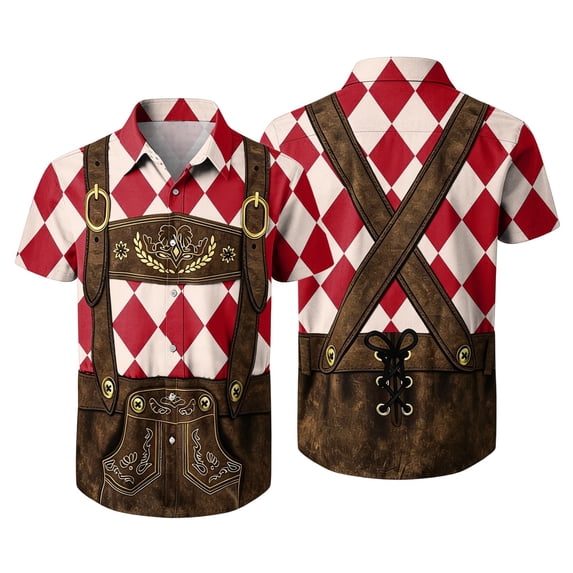 Men's Oktoberfest Lederhosen Themed Plaid Short Sleeve Button Down Shirt