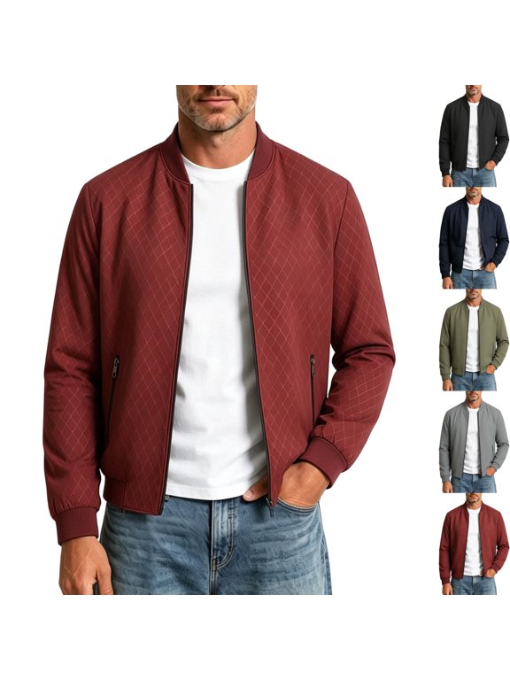 Men's Old Money Bomber Jacket Textured Grid Pattern Windproof Lightweight Flight Coat with Zip Pockets for Office Casual Fall Wear, Red, XXL