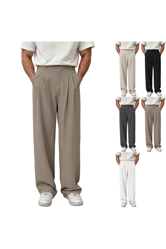 Men's Old Money Dress Pants Pleated Wide Leg Golf Trousers High Waisted Loose Fit Slacks Button Closure with Pockets for Business Office Fall, Khaki, M