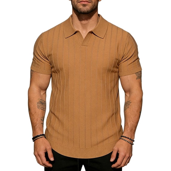 Men's Old Money Style Ribbed Knit Polo Sweater, Breathable Textured Shirt , Short Sleeve Casual Knitwear for Summer Casual and Daily Wear, Sizes S-2XL Orange