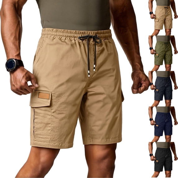 Men's Olive Green Cargo Shorts With Side Pockets And Drawstring Waist Featuring Relaxed Fit Cuts For Summer Outdoor Work Army Green L