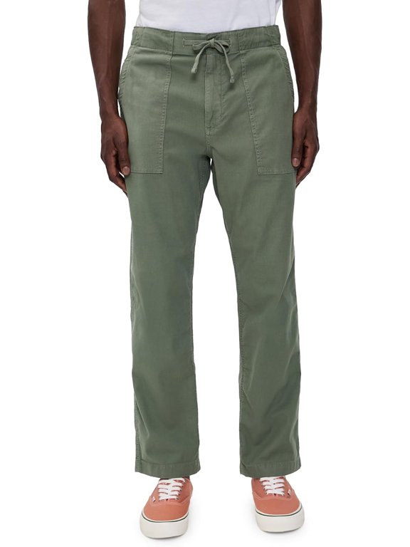 Men's Olive Green Drawstring Cargo Pants, Relaxed Fit Cotton Twill Trousers with Front Patch Pockets, Casual Straight Leg Work Pants for Streetwear, Outdoor & Daily Wear