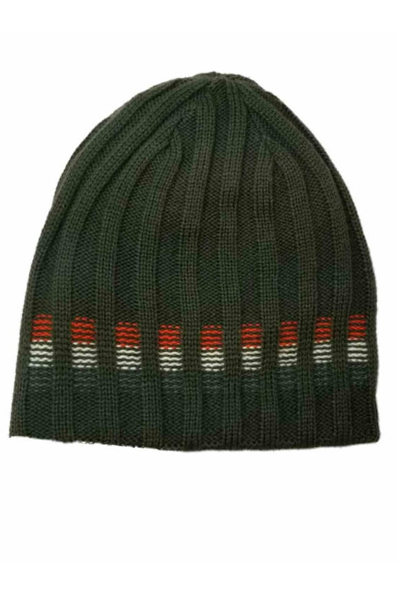 Men's Olive Green with Accent stripe Winter Reversible Beanie Stocking Cap Hat