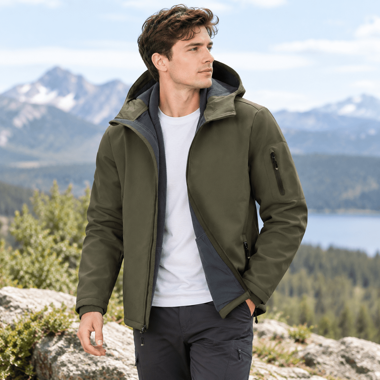 Men's Olive Large Hooded Fleece Lined Waterproof Lightweight Rain Shell ...