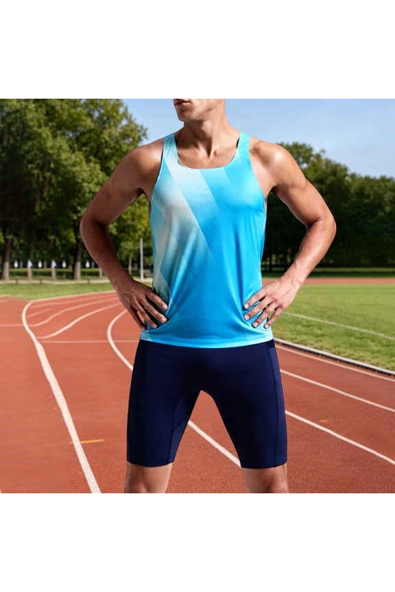 Men’s Ombre Diagonal Stripe Quick Dry Athletic Tank Top U Neck Sleeveless Moisture Wicking Stretch Workout Singlet for Running Cycling Gym Summer Training Wear Sky Blue XS