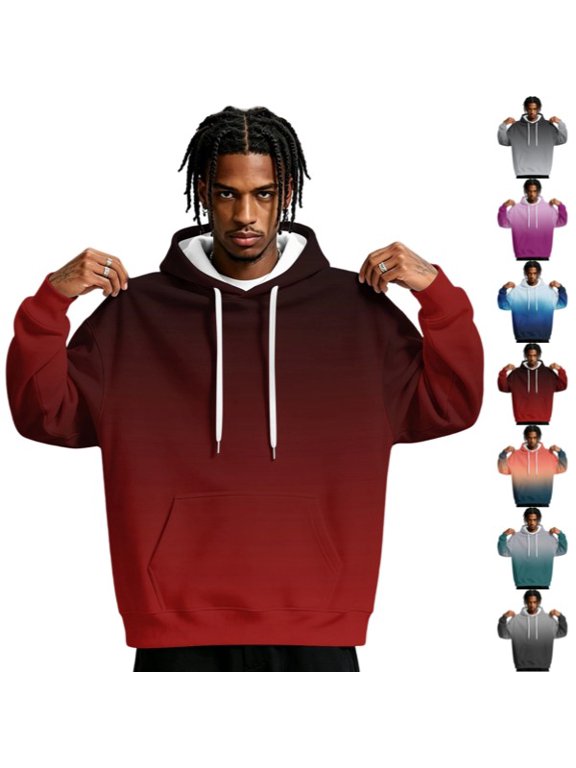 Men's Ombre Gradient Pullover Hoodie, Long Sleeve Drawstring Sweatshirt with Front Kangaroo Pocket, Loose Fit Streetwear Athleisure Top for Casual Daily and Outdoor Activities Red M
