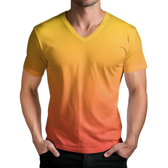 Men's Ombre Pattern V-Neck Casual T-Shirt - Trendy Color Transition Short Sleeve Top for Date Nights, Travel and Contemporary Street Style,Yellow XL