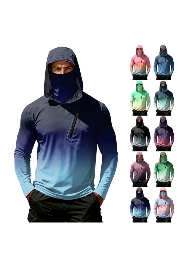 Men's Ombre Print Hooded Long Sleeve Sun Shirt - Fashionable Gradient Pullover with Built-in Face Mask & Zipper Pocket - UPF 50+ Quick Dry Athletic Top for Fishing, Hiking & Summer 2026 Pink L