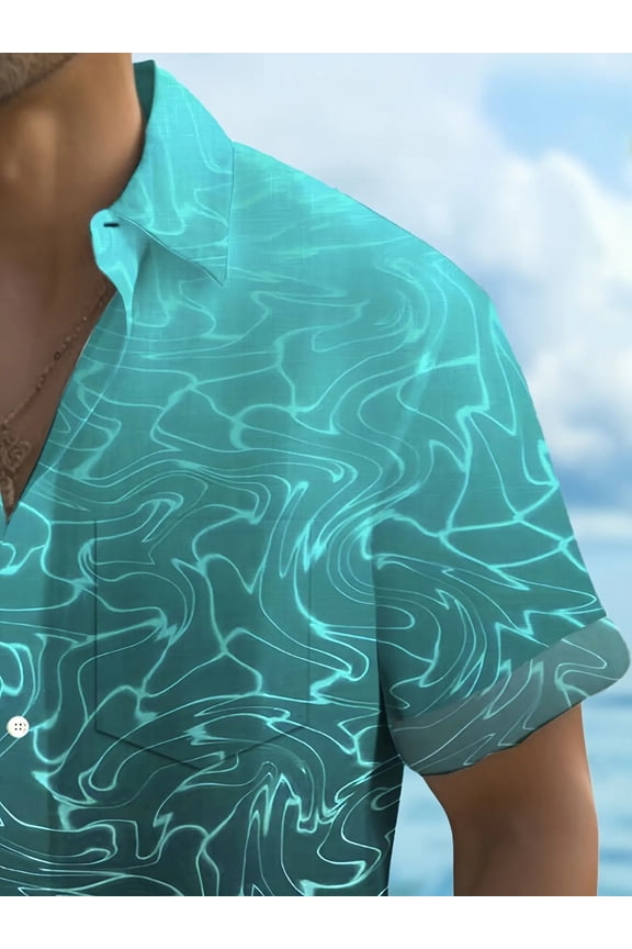 Men's Ombre Water Ripple Shirt - Lightweight Button-Down Summer Shirt, Bold Ocean-Inspired Patterns in Teal & Black - Non-Stretch Fabric for Casual & Vacation Wear - Machine Washable, Regular Fit, Vi