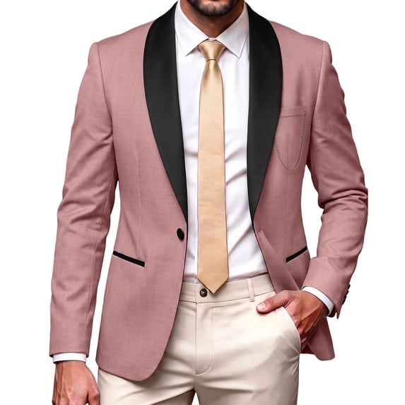 Men's One Button Formal Dinner Tuxedo, Slim Fit Blazer Jacket with Contrast Black Shawl Lapel and Pocket Chain for Wedding Prom Party