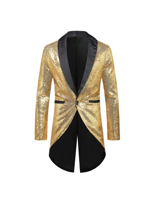 Men's One Button Long Tailcoat Dress Suit Jacket Sequins Blazer Tuxedos Prom Party Coat Perfermance Costume Dinner Coat Sizes S-2XL Gold