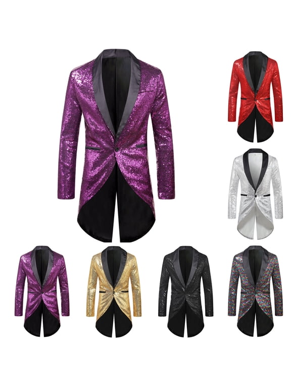 Men's One Button Long Tailcoat Dress Suit Jacket Sequins Blazer Tuxedos Prom Party Coat Perfermance Costume Dinner Coat Sizes S-2XL Silver