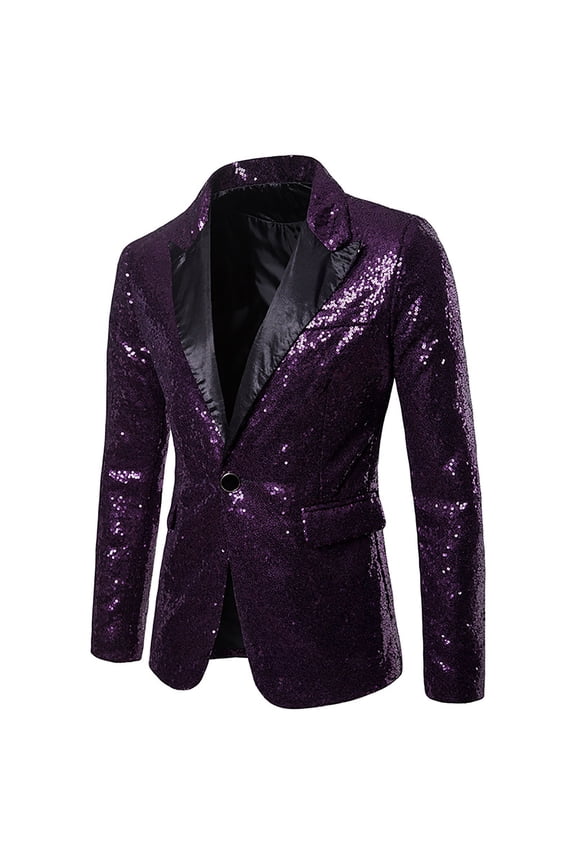 Men's One Button Shawl Lapels Sequin Dress Suit Jacket Party Festival Tuxedo Sport Coat- formal & Semi - Bussiness Prom Sizes S-2XL Purple