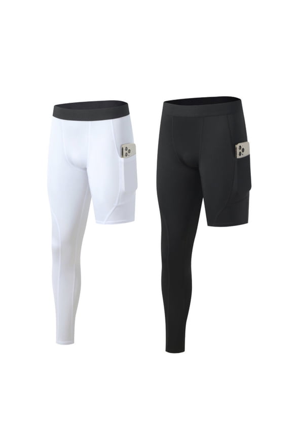 Men's One Leg Compression Tights, Single Leg Quick Dry Long Pants, Athletic Base Layer Leggings for Running Yoga Basketball, 2 Packs Black+White(Right Long) M