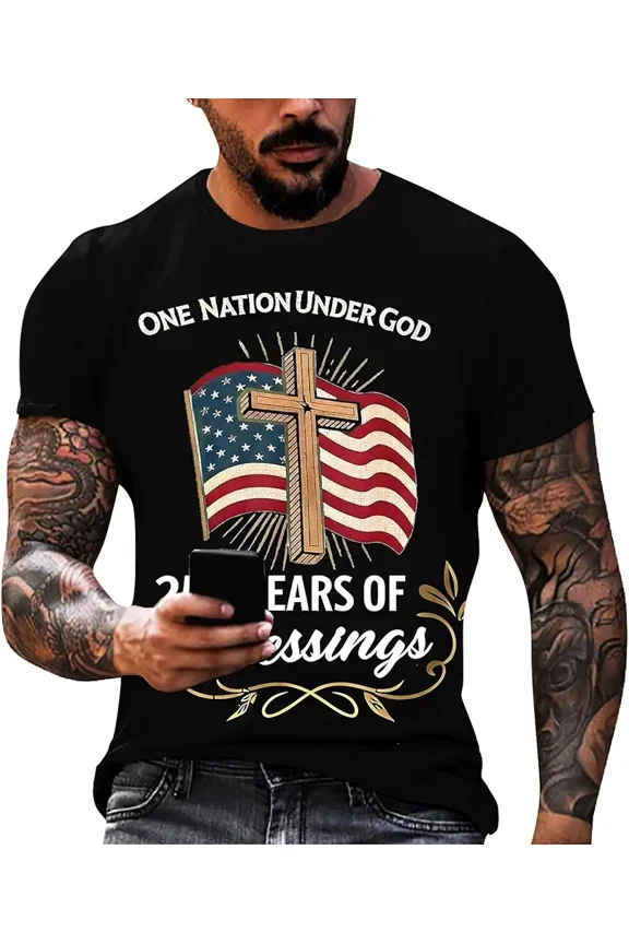 Men's One Nation Under God T-Shirt American Flag Cross Religious Patriotic Graphic Tee Retro Vintage Independence Day 248 Years of Blessings Top