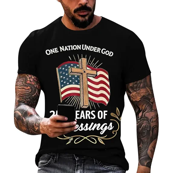 Men's One Nation Under God T-Shirt American Flag Cross Religious Patriotic Graphic Tee Retro Vintage Independence Day 248 Years of Blessings Top