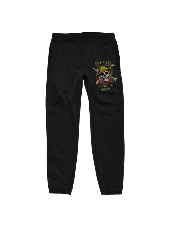 One Piece (Live Action) Skull and Bones with a Straw Hat, Logo on Black Adult Sleep pant-Medium