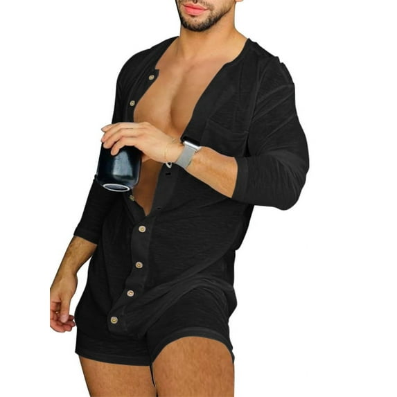 Men's One Piece Pajamas Sexy Jumpsuits Long Sleeve Buttons Rompers Shorts