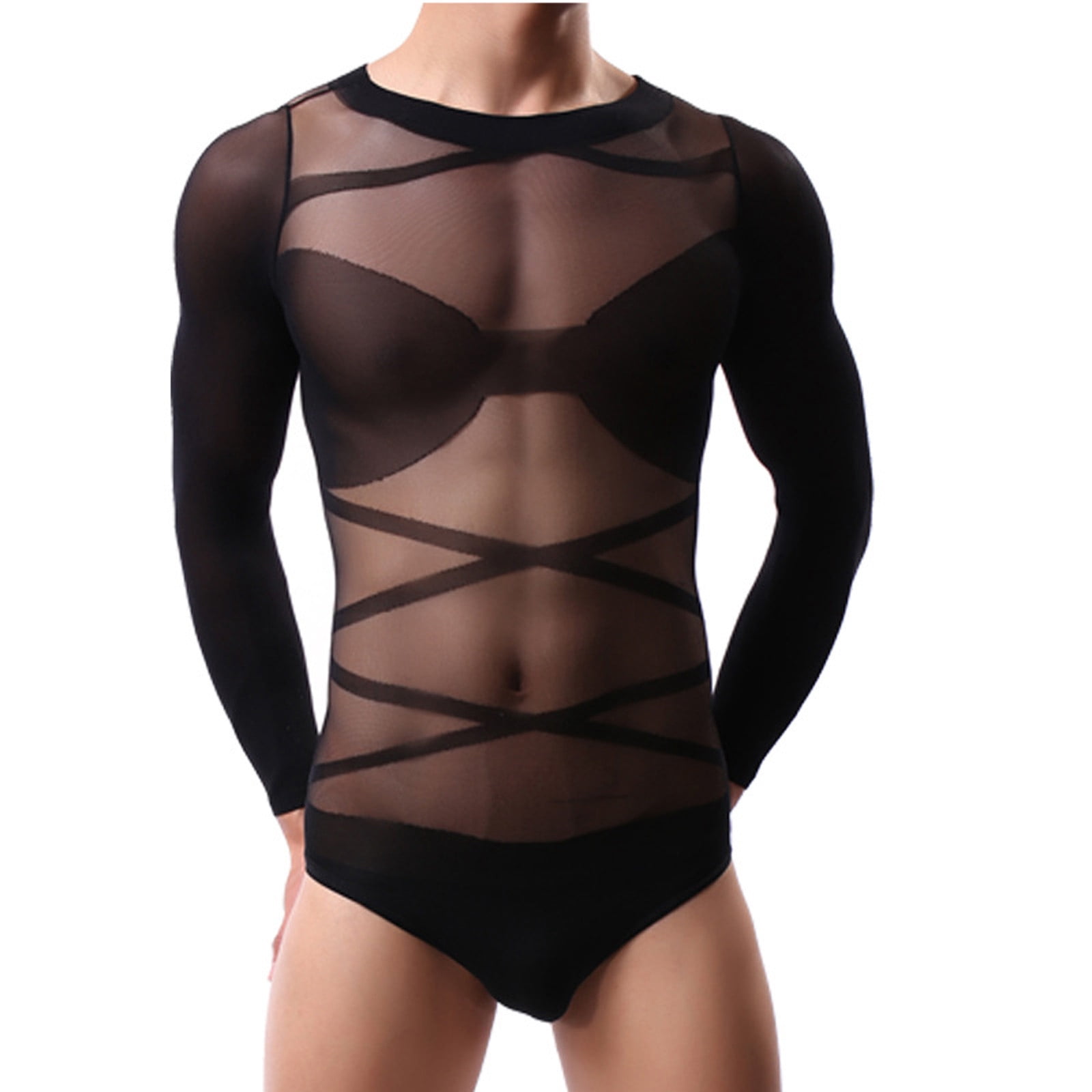 FEESHOW Mens See-through Fishnet Bodystocking Hollow Out Long Sleeve Bodysuit Lingerie Sleepwear Black One Size