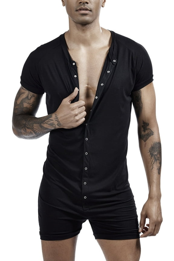 Men’s One Piece Sleepwear Knitted Fitted Nightshirt Oneise Henley Jumpsuit Button Down Bodysuit Pajamas Underwear Overalls Outfits Black XX-Large