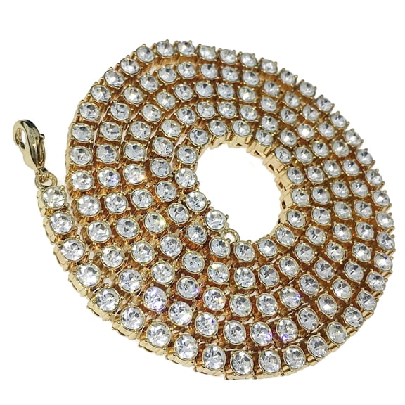 Men's One Row Tennis Chain Gold Finish Iced Hip Hop Lobster Clasp Necklace 30" inch