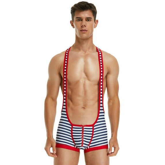 Men's One piece Vest Striped Sportswear Pants Swimming Trunks Running Fitness Wrestling Suit Tights Bodysuit