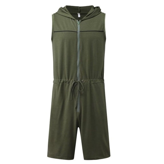 Men's Onesie Shorts Rompers Lounge Athletic Sleeveless One Piece Hooded Jumpsuits Shorts Casual Workout Gym Quick Dry Slim Muscle Fit Soft Jumpers & Rompers Zip Up Summer Green X-Large