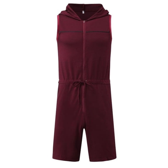 Men's Onesie Shorts Rompers Lounge Athletic Sleeveless One Piece Hooded Jumpsuits Shorts Casual Workout Gym Quick Dry Slim Muscle Fit Soft Jumpers & Rompers Zip Up Summer Burgundy X-Large
