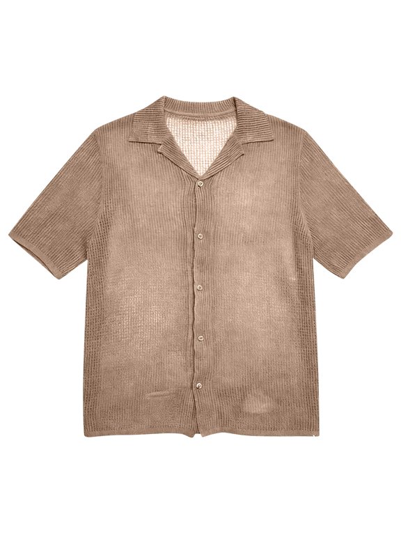 Men's Open Knit Short Sleeve Shirt Button Down Loose Fit Casual Textured Top for British Street Style Men's Knit Shirts,Khaki,M