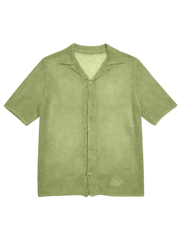 Men's Open Knit Short Sleeve Shirt Button Down Loose Fit Casual Textured Top for British Street Style Men's Knit Shirts,Light Green,M