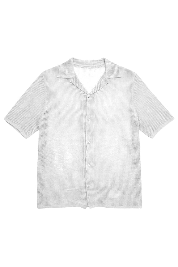 Men's Open Knit Short Sleeve Shirt Button Down Loose Fit Casual Textured Top for British Street Style Men's Knit Shirts,White,XL