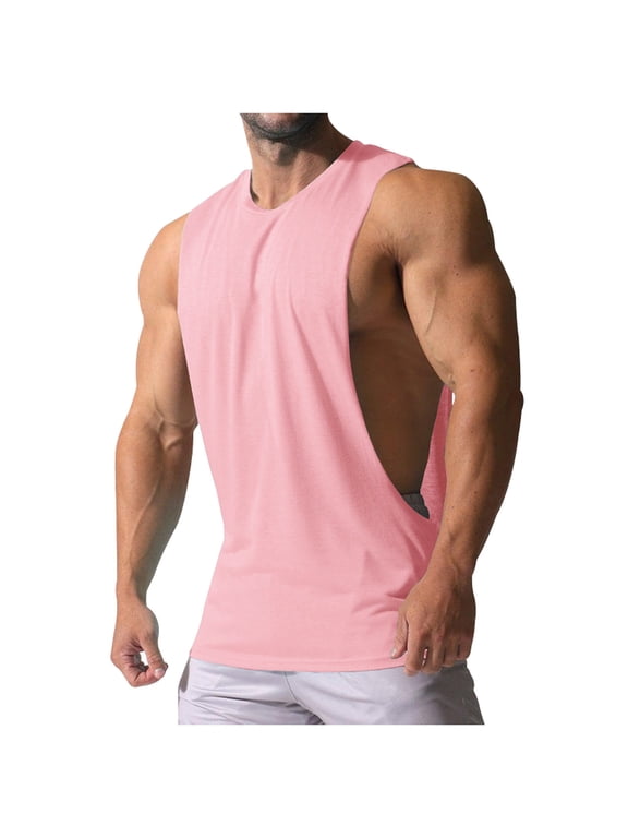 Men's Open Sides Cut Off Tank Top, Sleeveless Bodybuilding Gym Workout Shirt, Tapered Relaxed Fit Muscle Tee for Casual Sports Pink 3XL