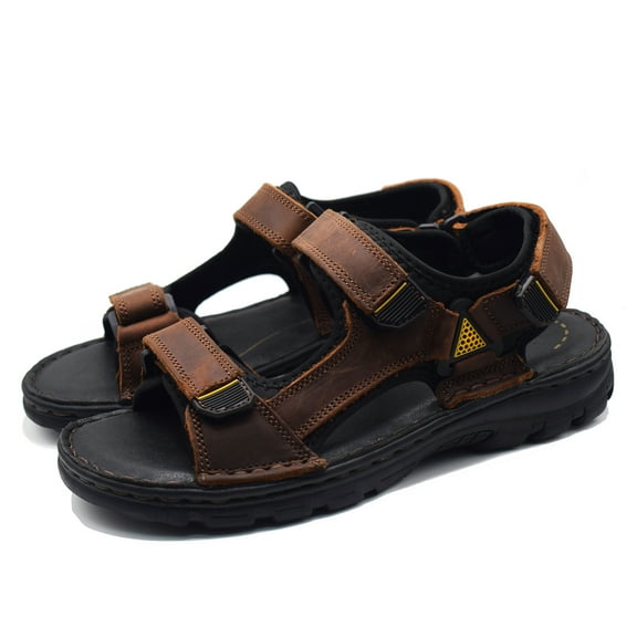 Men's Open Toe Casual Sandals Leather Stitching Summer Outdoor Beach Fisherman Hiking Sport Sandals for Men Brown 9.5