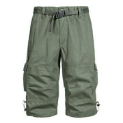 Mens Operator Elastic Waistband Work Shorts, Durable Outdoor Workout Cargo Shorts 3/4 for Men Capri Cargo Pants with Muti Pockets No Belt Big and Tall Size M-5XL Army Green