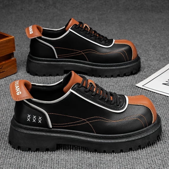 Men's Orange Green Color Block Platform Casual Shoes, Thick Sole Lace Up Fashion Sneakers, Non-Slip Work Shoes for Daily Wear