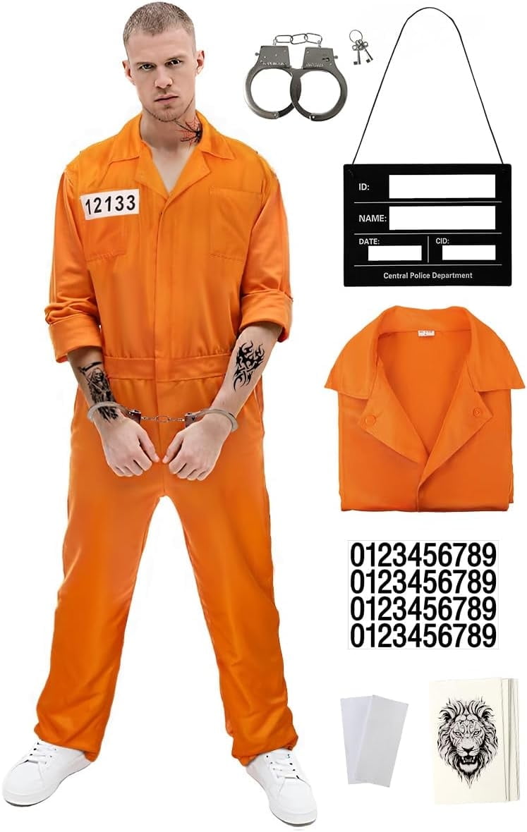 Men‘s Orange Jail Jumpsuit Halloween Inmate Uniform Cosplay Costume ...