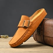 Mens Orange Suede Backless Mule Loafers, Casual Buckle Slip-On Driving Shoes