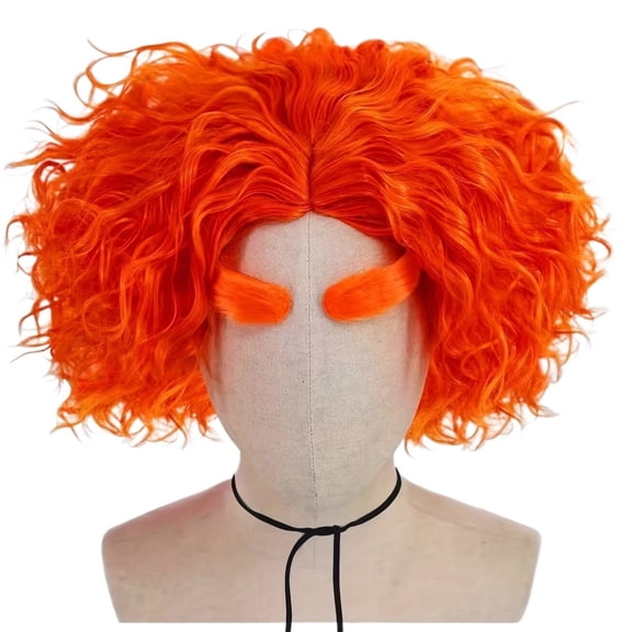 Men's Orange Synthetic Hair Wigs - Short Layered Fluffy Curly Cosplay Hair Wigs with Eyebrows for Party Outfits