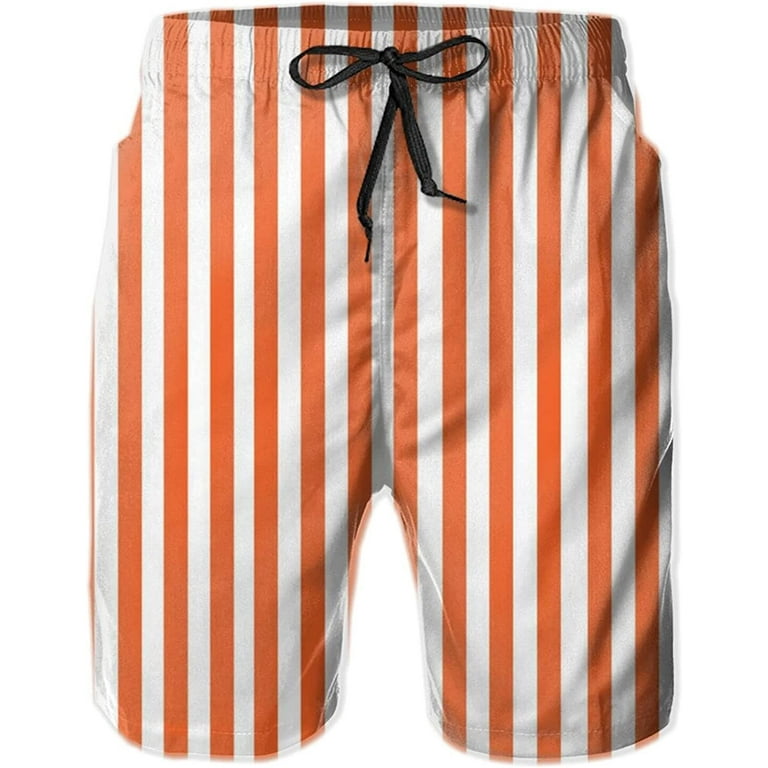 Men's Orange and White Striped Drawstring Casual Summer Beach Shorts S-3XL