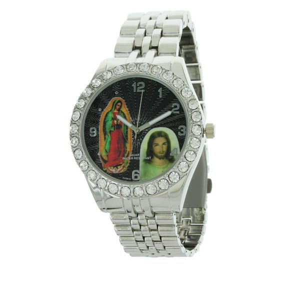 Men's Our Lady of Guadalupe and Jesus Silver-Tone Metal Bracelet Watch with Neckless and Cross Pendent Set