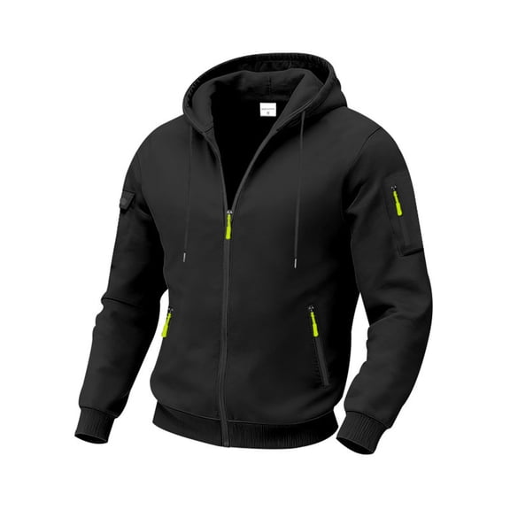 Men's Outdoor Cargo Full Zip Hoodie Jackets Drawstring Zipper Pockets Fleeced Casual Sweatshirt Black M